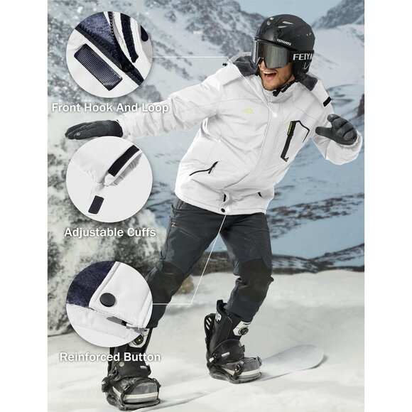 🆕 Men White Warm Snow Ski Jacket Resistant Fleece Lined Winter Coats Pockets - Picture 6 of 7